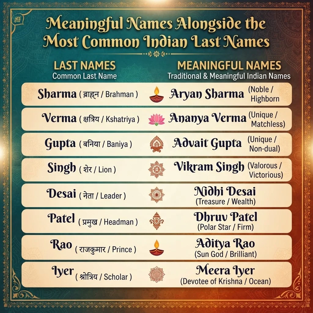 Meaningful Names Alongside the Most Common Indian Last Names